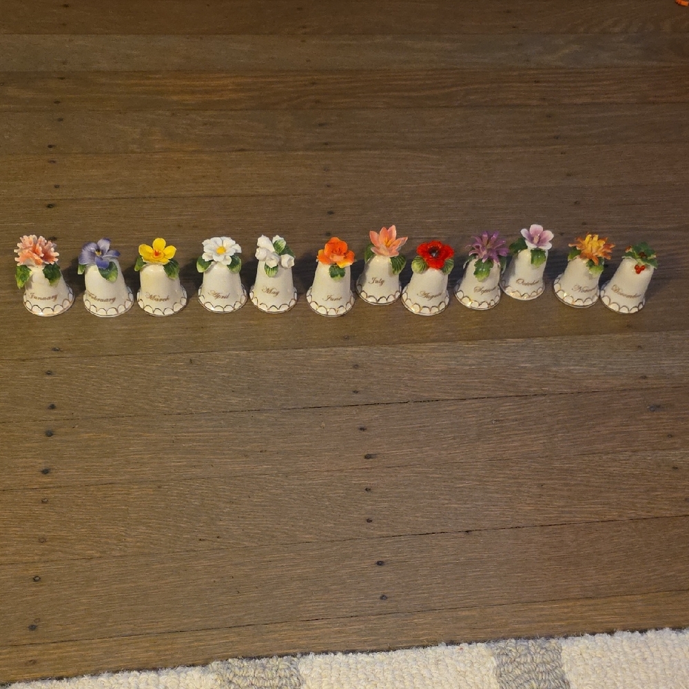 Floral Ceramic Large Thimble Set (12)-Months On 1 Side/ Flower Name On The Other